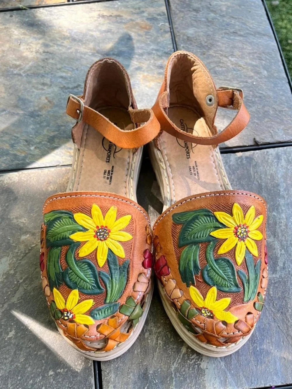 Hand-Painted Sun flowers Leather Ankle-Strap Sandals - Brown with Yellow Flowers